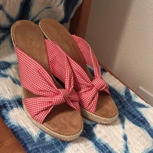 Red espadrilles gingham wedge mule sandal